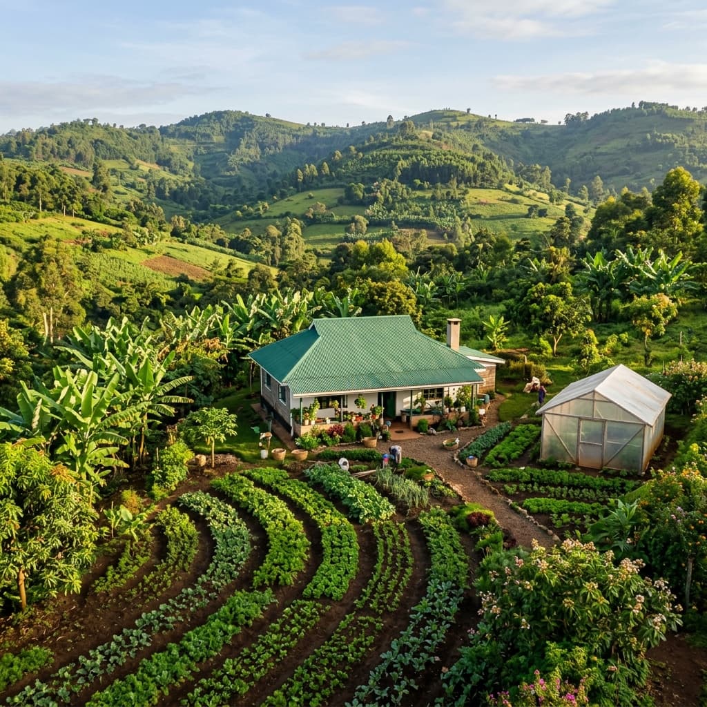 A beautiful organic farm homestead surrounded by lush crops